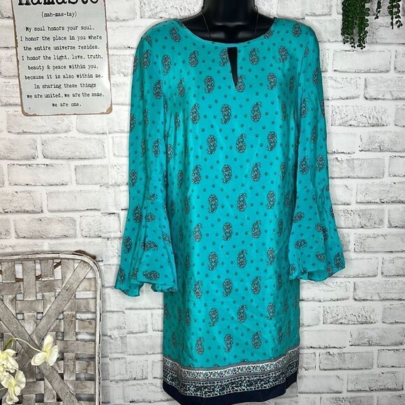 Juicy Couture 100% Silk Long Bell Sleeve Paisley Print Dress Size 6 Boho Hippie - Picture 1 of 12